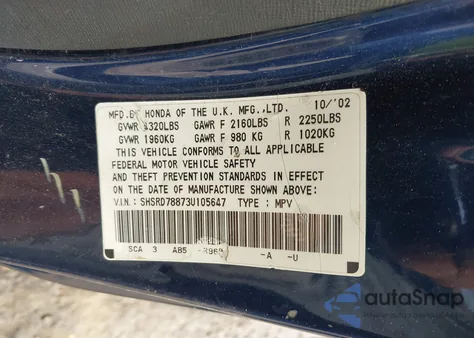 2003 Honda Cr-V Ex z USA, uszkodzony, nr VIN SHSRD78873U105647